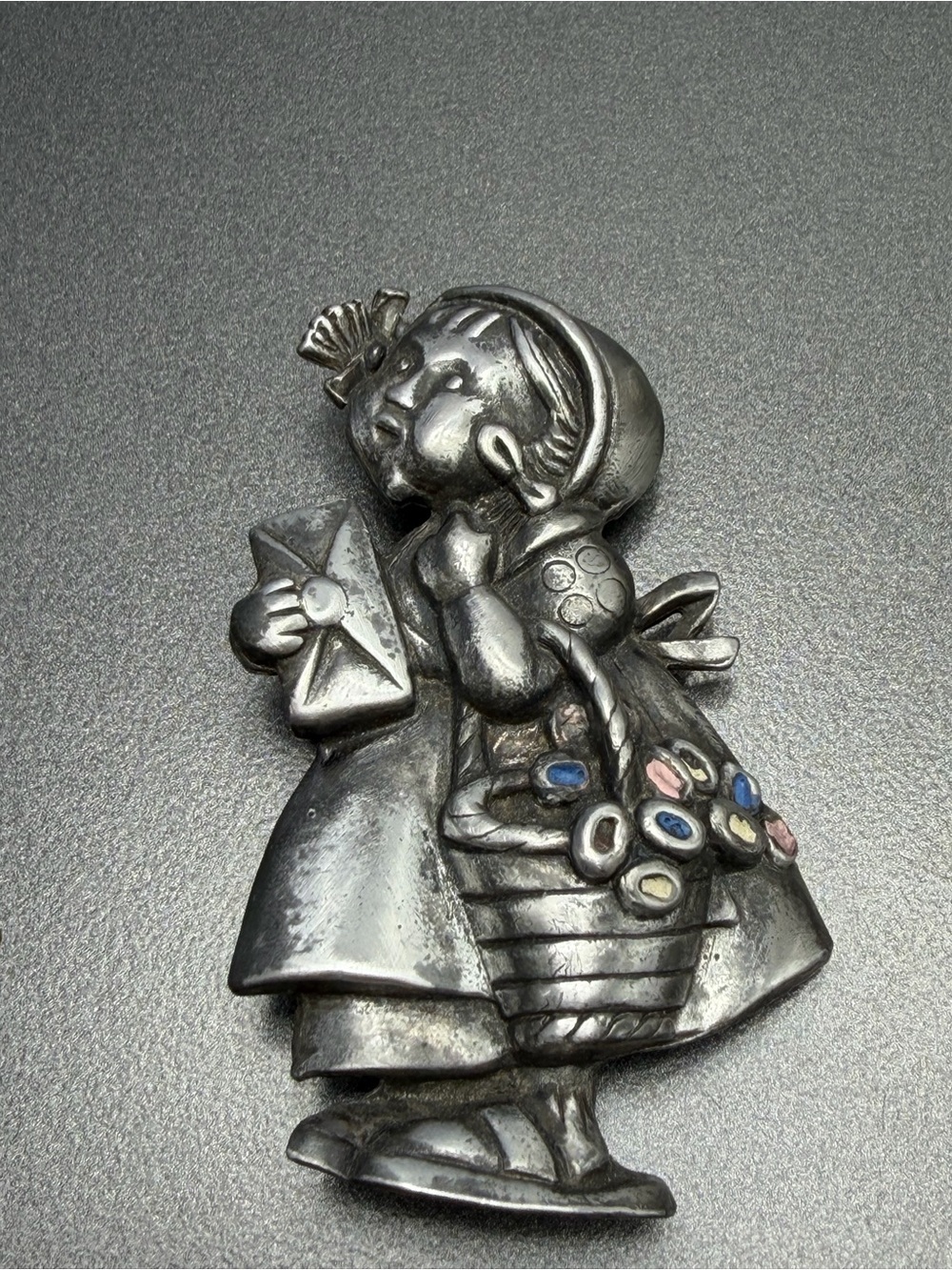 Vintage Little Girl Pin Brooch with Flower Basket Pewter #cz41